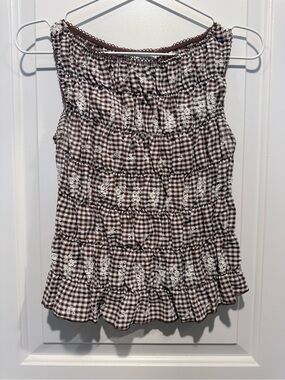 Vigoss Smocked Gingham Sleeveless Top in Brown and White